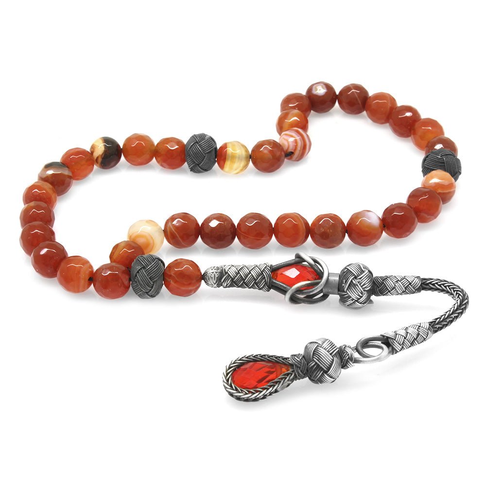 1000 Sterling Silver Kazaz Tasseled Faceted Sphere Cut Red Agate Natural Stone Prayer Beads - EFENDINA PAZAR - Tesbihane - 101003891