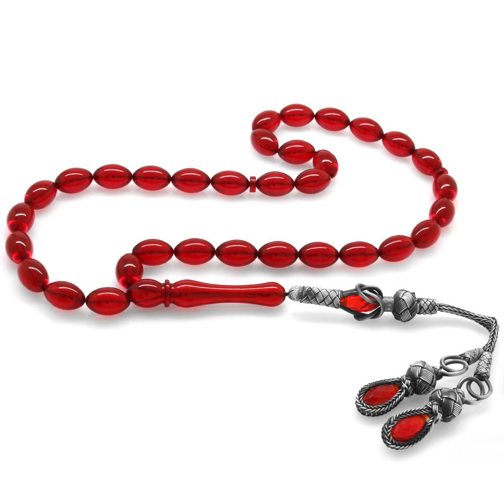 1000 Sterling Silver Kazaz Tasseled Flag Red Amber Rosary - EFENDINA PAZAR - Tesbihane - 101003856