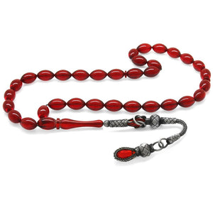 1000 Sterling Silver Kazaz Tasseled Flag Red Fire Amber Rosary - EFENDINA PAZAR - Tesbihane - 101004284