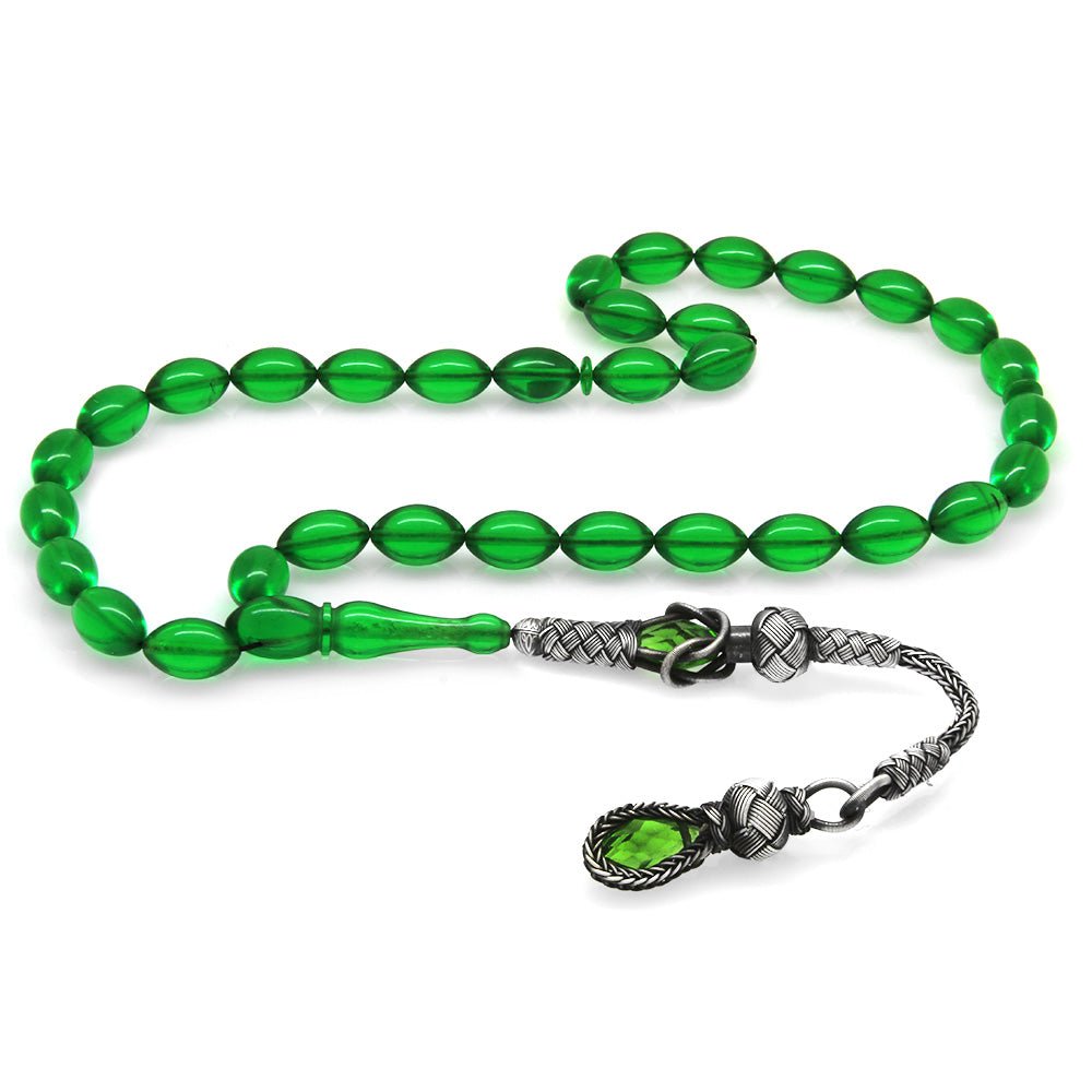 1000 Sterling Silver Kazaz Tasseled Green Amber Rosary - EFENDINA PAZAR - Tesbihane - 101004189