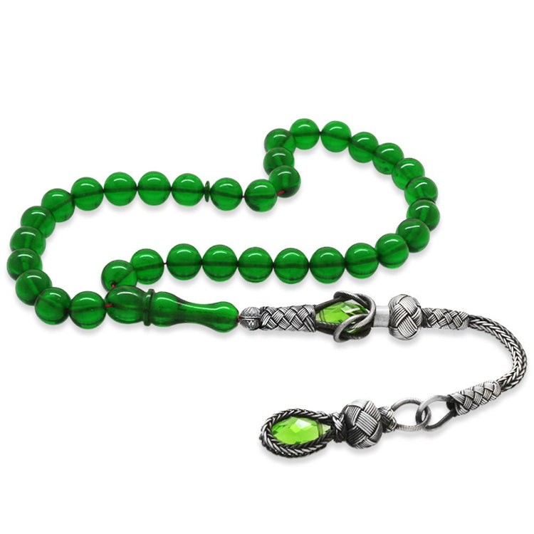 1000 Sterling Silver Kazaz Tasseled Green Amber Rosary - EFENDINA PAZAR - Tesbihane - 101004580