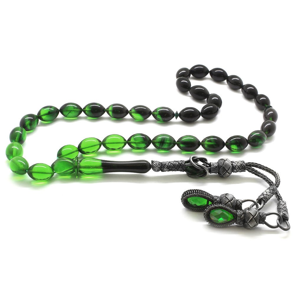 1000 Sterling Silver Kazaz Tasseled Green - Black Rosary - EFENDINA PAZAR - Tesbihane - 101001848
