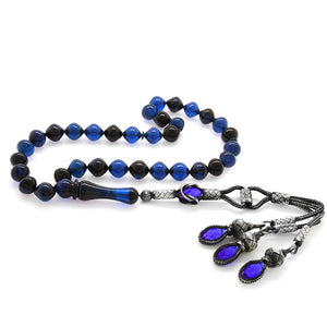 1000 Sterling Silver Kazaz Tasseled Istanbul Cut Blue - Black Crimped Amber Rosary - EFENDINA PAZAR - Tesbihane - 101003147