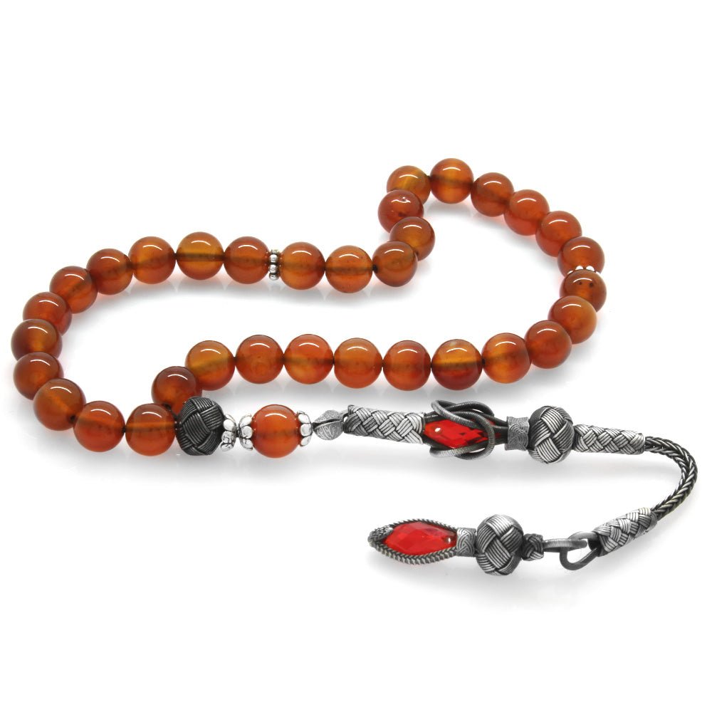 1000 Sterling Silver Kazaz Tasseled Red Agate Stone Rosary - EFENDINA PAZAR - Tesbihane - 101000925