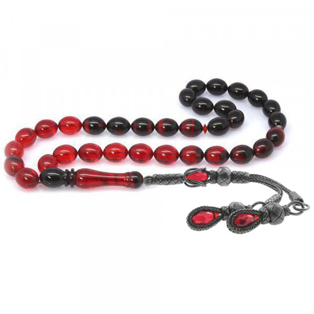 1000 Sterling Silver Kazaz Tasseled Red - Black Fire Amber Rosary - EFENDINA PAZAR - Tesbihane - 101001471