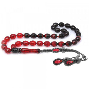 1000 Sterling Silver Kazaz Tasseled Red - Black Fire Amber Rosary - EFENDINA PAZAR - Tesbihane - 101001471