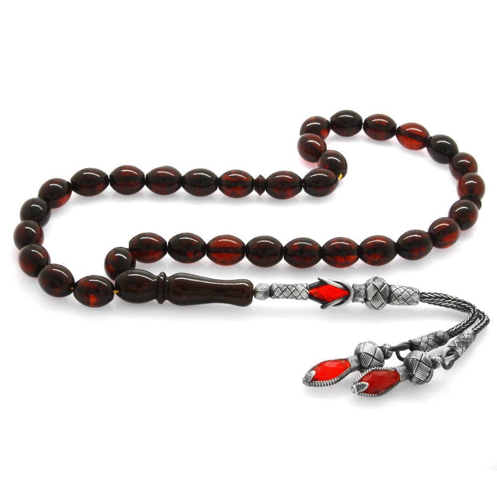 1000 Sterling Silver Kazaz Tasseled Red Drop Amber Rosary - EFENDINA PAZAR - Tesbihane - 101001689