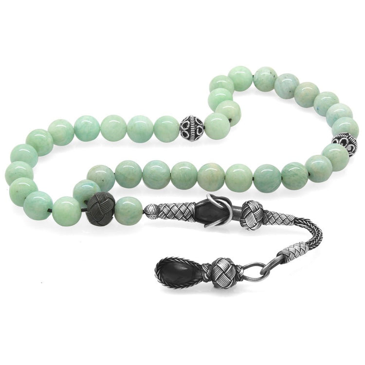 1000 Sterling Silver Kazaz Tasseled Sphere Cut Amazonite Natural Stone Prayer Beads - EFENDINA PAZAR - Tesbihane - 101004082
