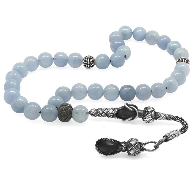 1000 Sterling Silver Kazaz Tasseled Sphere Cut Aquamarine Natural Stone Prayer Beads - EFENDINA PAZAR - Tesbihane - 101004078