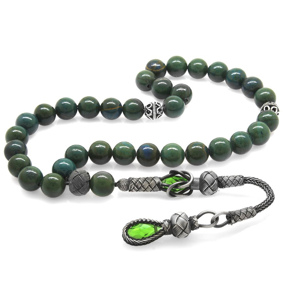 1000 Sterling Silver Kazaz Tasseled Sphere Cut Bloodstone Natural Stone Prayer Beads - EFENDINA PAZAR - Tesbihane - 101004094