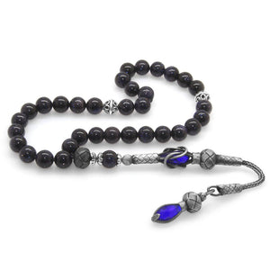 1000 Sterling Silver Kazaz Tasseled Sphere Cut Blue Star Stone Natural Stone Prayer Beads - EFENDINA PAZAR - Tesbihane - 101003562