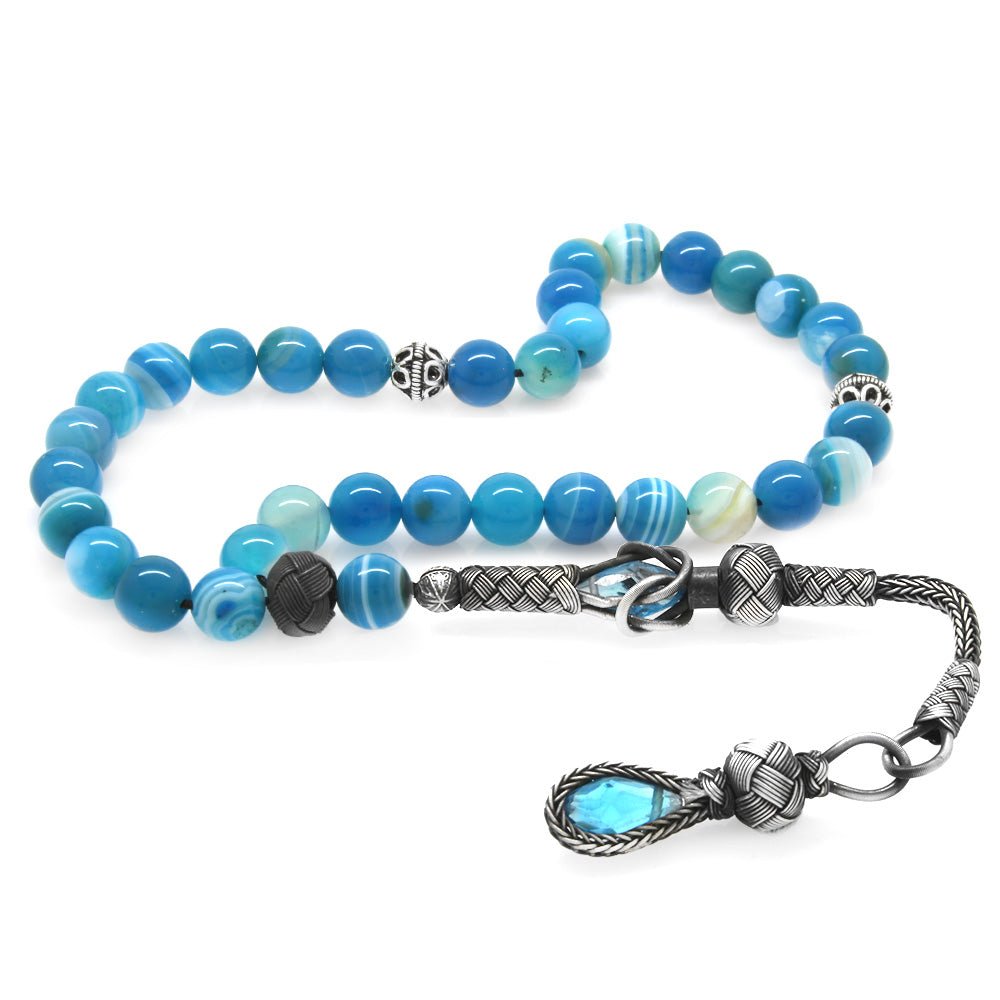 1000 Sterling Silver Kazaz Tasseled Sphere Cut Blue - White Agate Natural Stone Prayer Beads - EFENDINA PAZAR - Tesbihane - 101004077