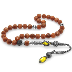 1000 Sterling Silver Kazaz Tasseled Sphere Cut Brown Star Stone Natural Stone Prayer Beads - EFENDINA PAZAR - Tesbihane - 101003556