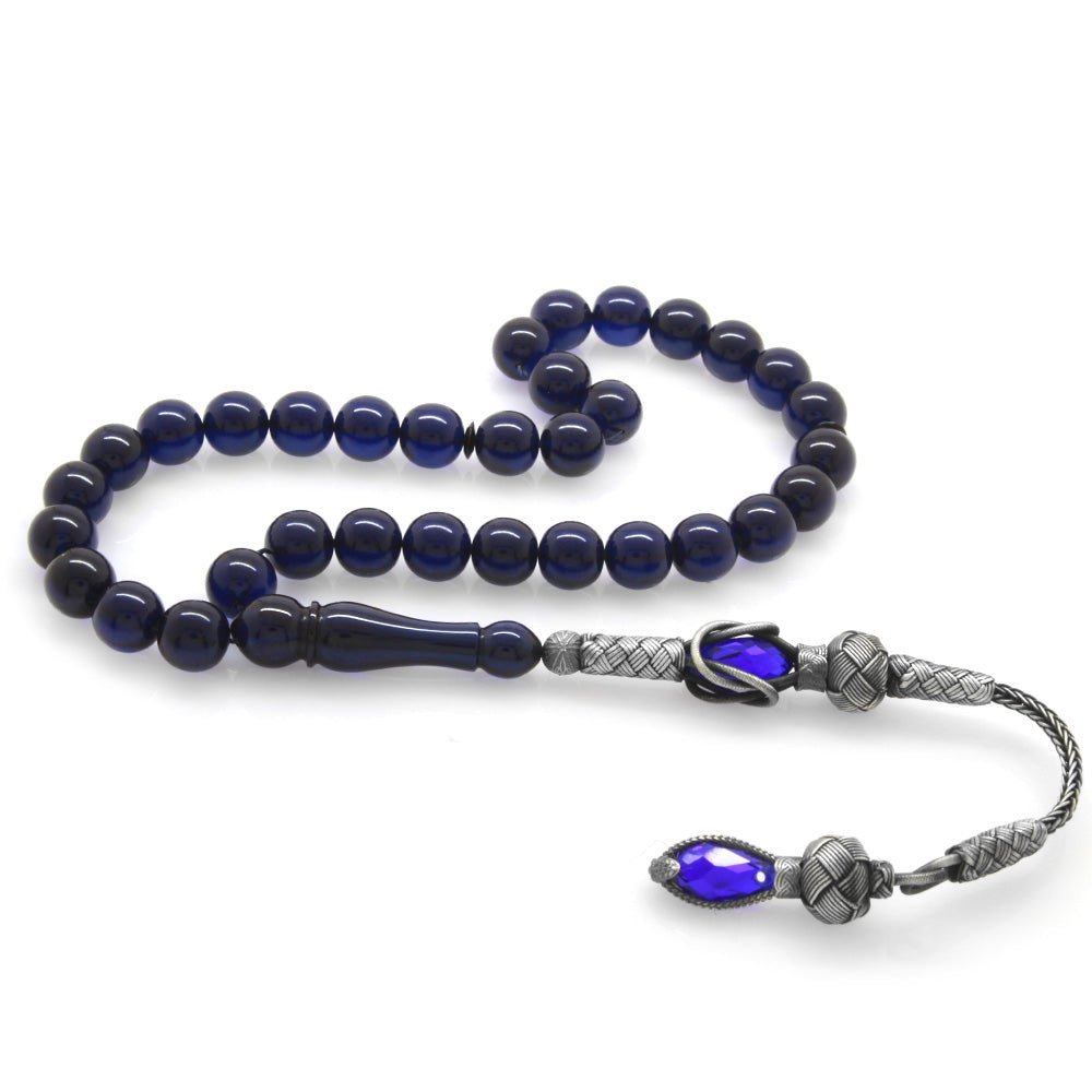 1000 Sterling Silver Kazaz Tasseled Sphere Cut Dark Blue Crimped Amber Prayer Beads - EFENDINA PAZAR - Tesbihane - 101002235