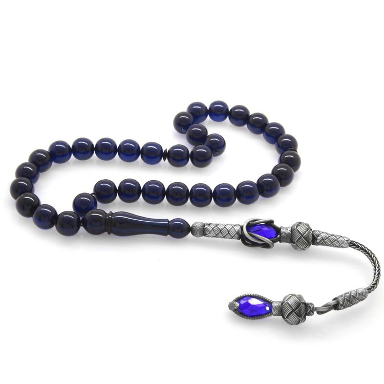 1000 Sterling Silver Kazaz Tasseled Sphere Cut Dark Blue Crimped Amber Prayer Beads - EFENDINA PAZAR - Tesbihane - 101002235