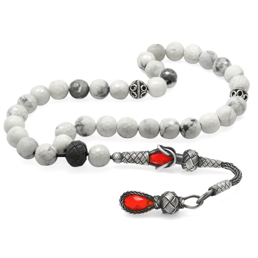 1000 Sterling Silver Kazaz Tasseled Sphere Cut Faceted Howlite Natural Stone Prayer Beads - EFENDINA PAZAR - Tesbihane - 101004086