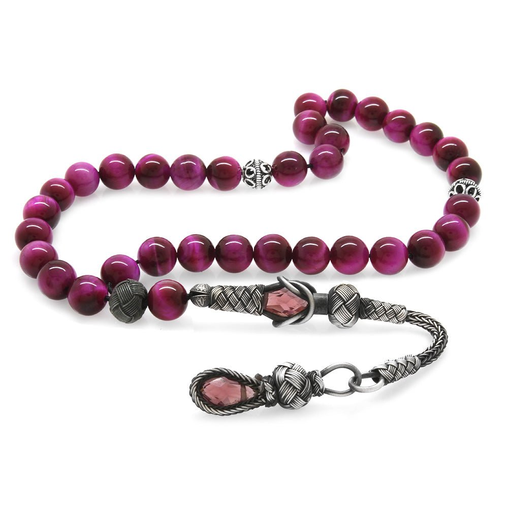 1000 Sterling Silver Kazaz Tasseled Sphere Cut Fuchsia Tiger's Eye Natural Stone Prayer Beads - EFENDINA PAZAR - Tesbihane - 101004107