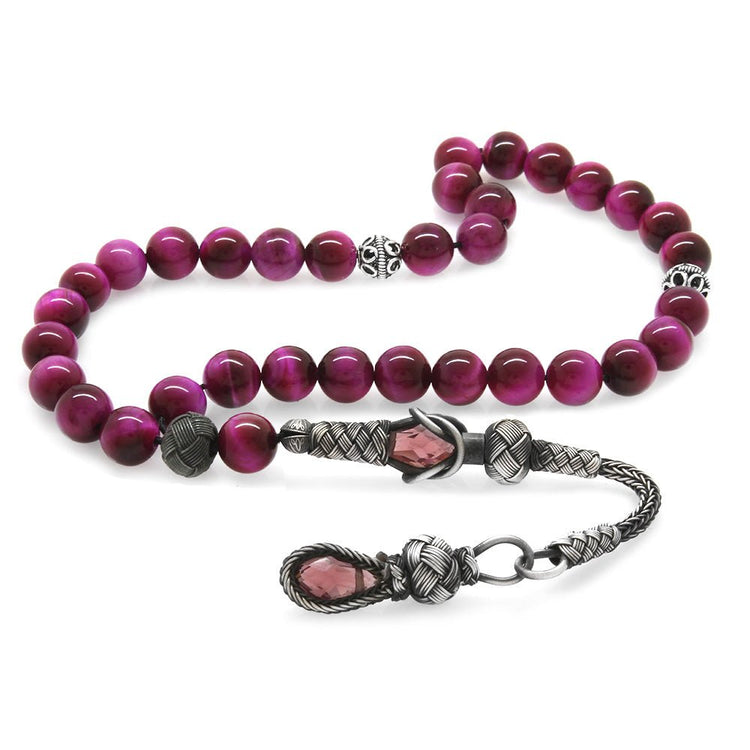 1000 Sterling Silver Kazaz Tasseled Sphere Cut Fuchsia Tiger's Eye Natural Stone Prayer Beads - EFENDINA PAZAR - Tesbihane - 101004107