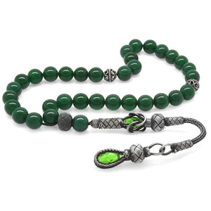 1000 Sterling Silver Kazaz Tasseled Sphere Cut Green Agate Natural Stone Prayer Beads - EFENDINA PAZAR - Tesbihane - 101004072