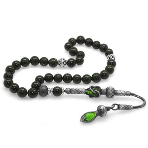 1000 Sterling Silver Kazaz Tasseled Sphere Cut Green Star Stone Natural Stone Prayer Beads - EFENDINA PAZAR - Tesbihane - 101003559