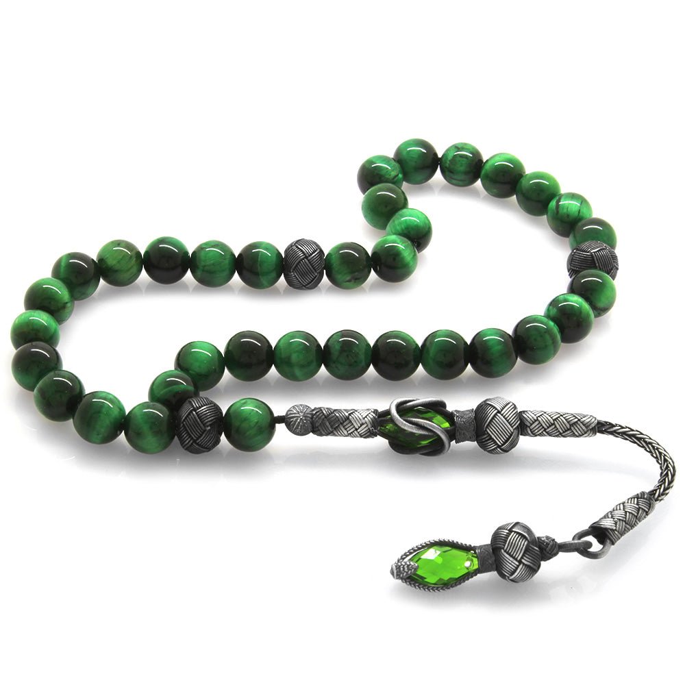 1000 Sterling Silver Kazaz Tasseled Sphere Cut Green Tiger&#39;s Eye Natural Stone Prayer Beads - EFENDINA PAZAR - Tesbihane - 101001937