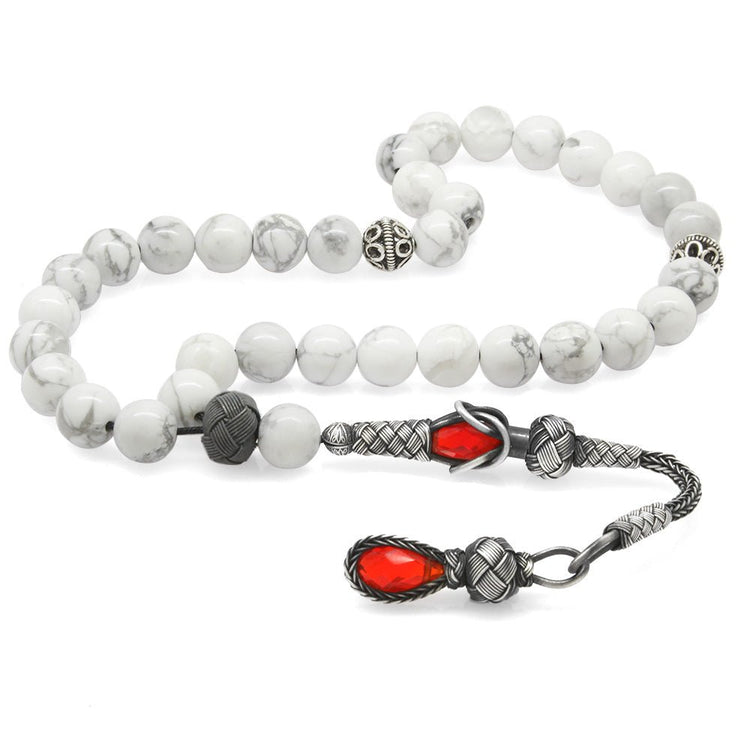 1000 Sterling Silver Kazaz Tasseled Sphere Cut Howlite Natural Stone Prayer Beads - EFENDINA PAZAR - Tesbihane - 101004084