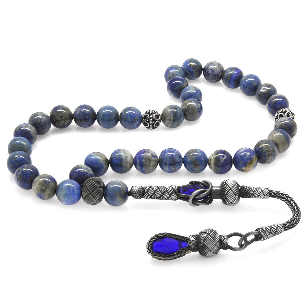 1000 Sterling Silver Kazaz Tasseled Sphere Cut Lapis Natural Stone Prayer Beads - EFENDINA PAZAR - Tesbihane - 101004114