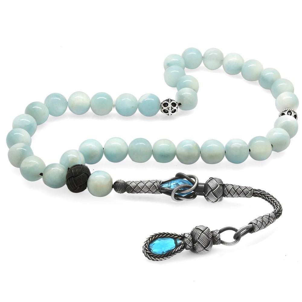 1000 Sterling Silver Kazaz Tasseled Sphere Cut Larimar Natural Stone Prayer Beads - EFENDINA PAZAR - Tesbihane - 101004145