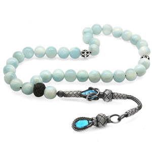 1000 Sterling Silver Kazaz Tasseled Sphere Cut Larimar Natural Stone Prayer Beads - EFENDINA PAZAR - Tesbihane - 101004145
