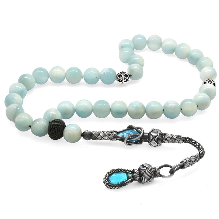 1000 Sterling Silver Kazaz Tasseled Sphere Cut Larimar Natural Stone Prayer Beads - EFENDINA PAZAR - Tesbihane - 101004145