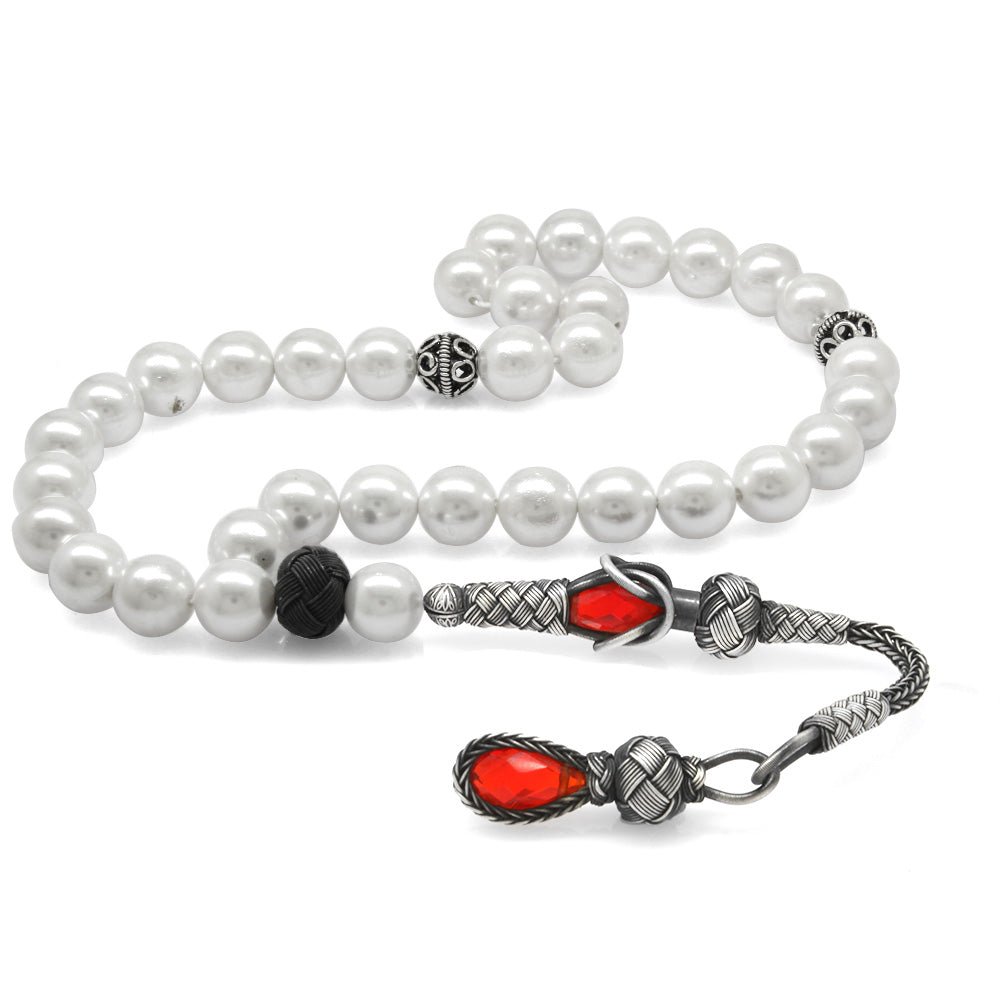 1000 Sterling Silver Kazaz Tasseled Sphere Cut Majorca Pearl Natural Stone Prayer Beads - EFENDINA PAZAR - Tesbihane - 101004088