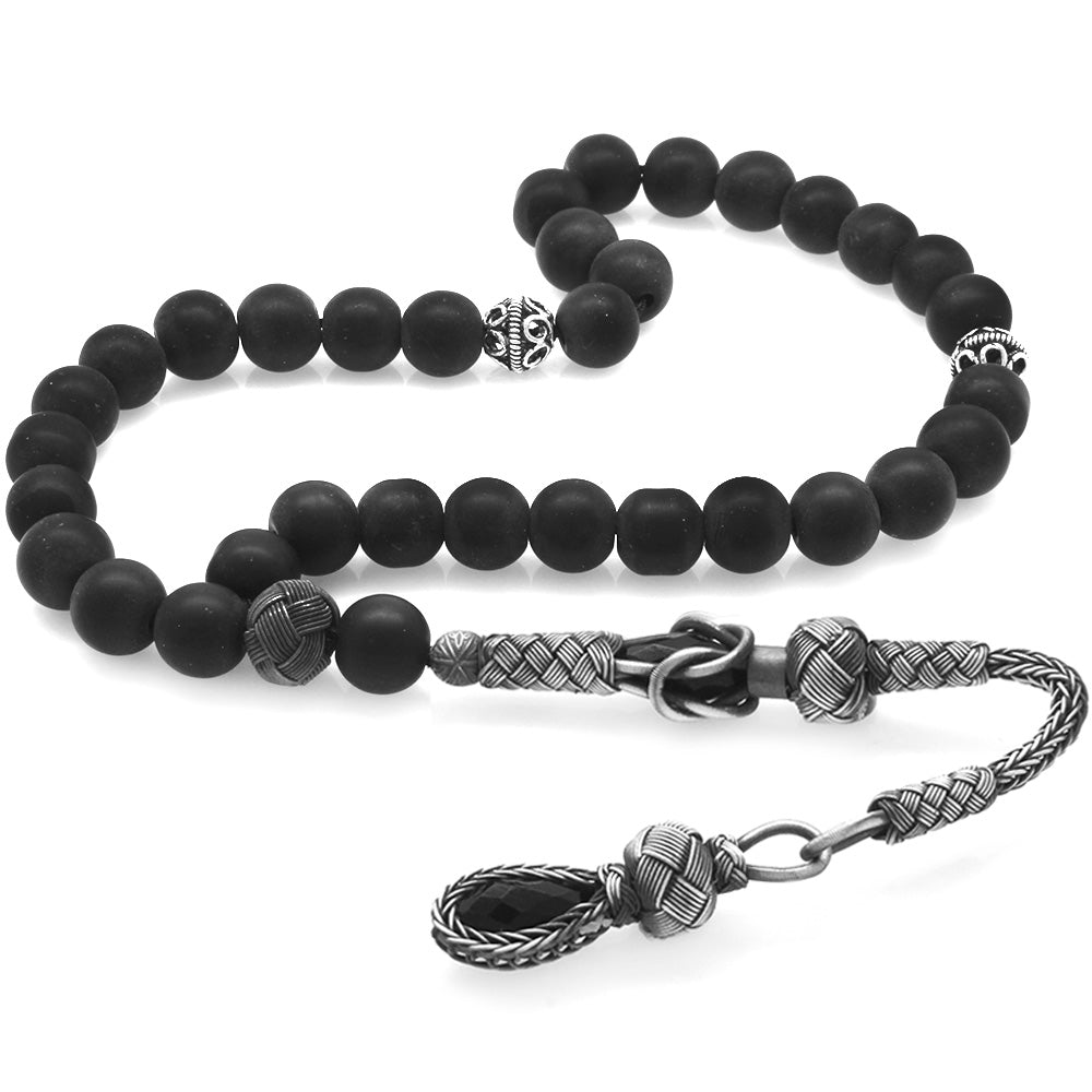 1000 Sterling Silver Kazaz Tasseled Sphere Cut Matte Onyx Natural Stone Prayer Beads - EFENDINA PAZAR - Tesbihane - 101004125