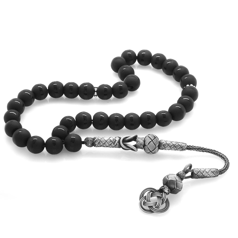 1000 Sterling Silver Kazaz Tasseled Sphere Cut Onyx Natural Stone Prayer Beads - EFENDINA PAZAR - Tesbihane - 101002015