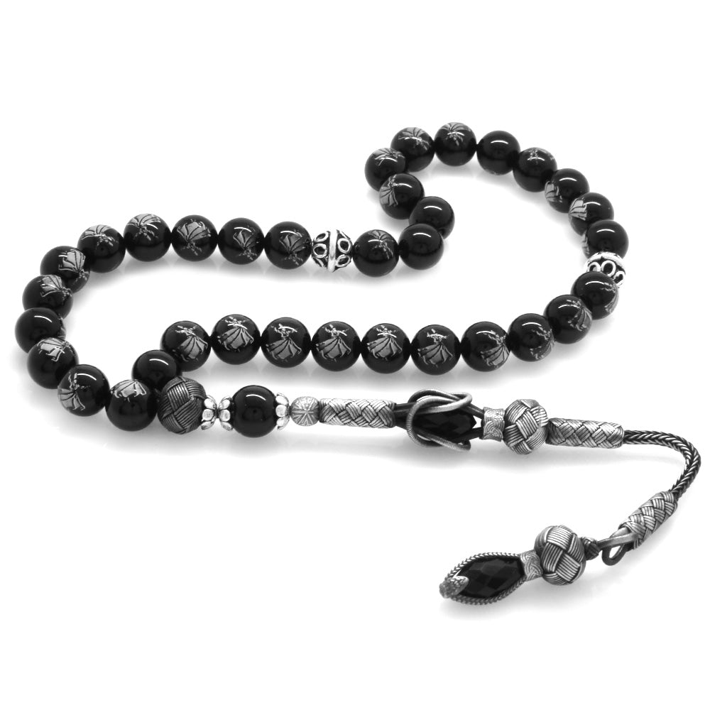 1000 Sterling Silver Kazaz Tasseled Sphere Cut Onyx Natural Stone Prayer Beads with Mevlana Detail - EFENDINA PAZAR - Tesbihane - 101003547