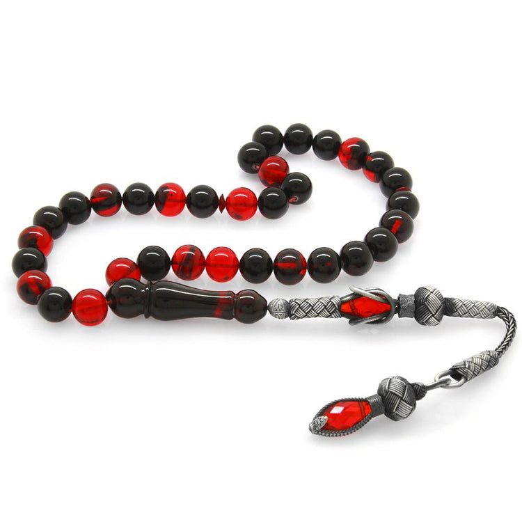 1000 Sterling Silver Kazaz Tasseled Sphere Cut Red - Black Fire Amber Rosary - EFENDINA PAZAR - Tesbihane - 101002935