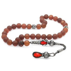 1000 Sterling Silver Kazaz Tasseled Sphere Cut Red Matte Agate Natural Stone Prayer Beads - EFENDINA PAZAR - Tesbihane - 101004074