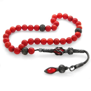 1000 Sterling Silver Kazaz Tasseled Sphere Cut Red Mother of Pearl Natural Stone Prayer Beads - EFENDINA PAZAR - Tesbihane - 101001933