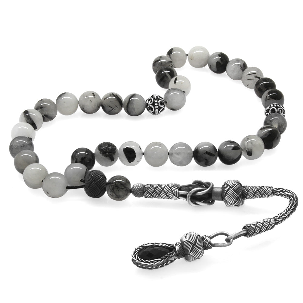 1000 Sterling Silver Kazaz Tasseled Sphere Cut Rutile Quartz Natural Stone Prayer Beads - EFENDINA PAZAR - Tesbihane - 101004111
