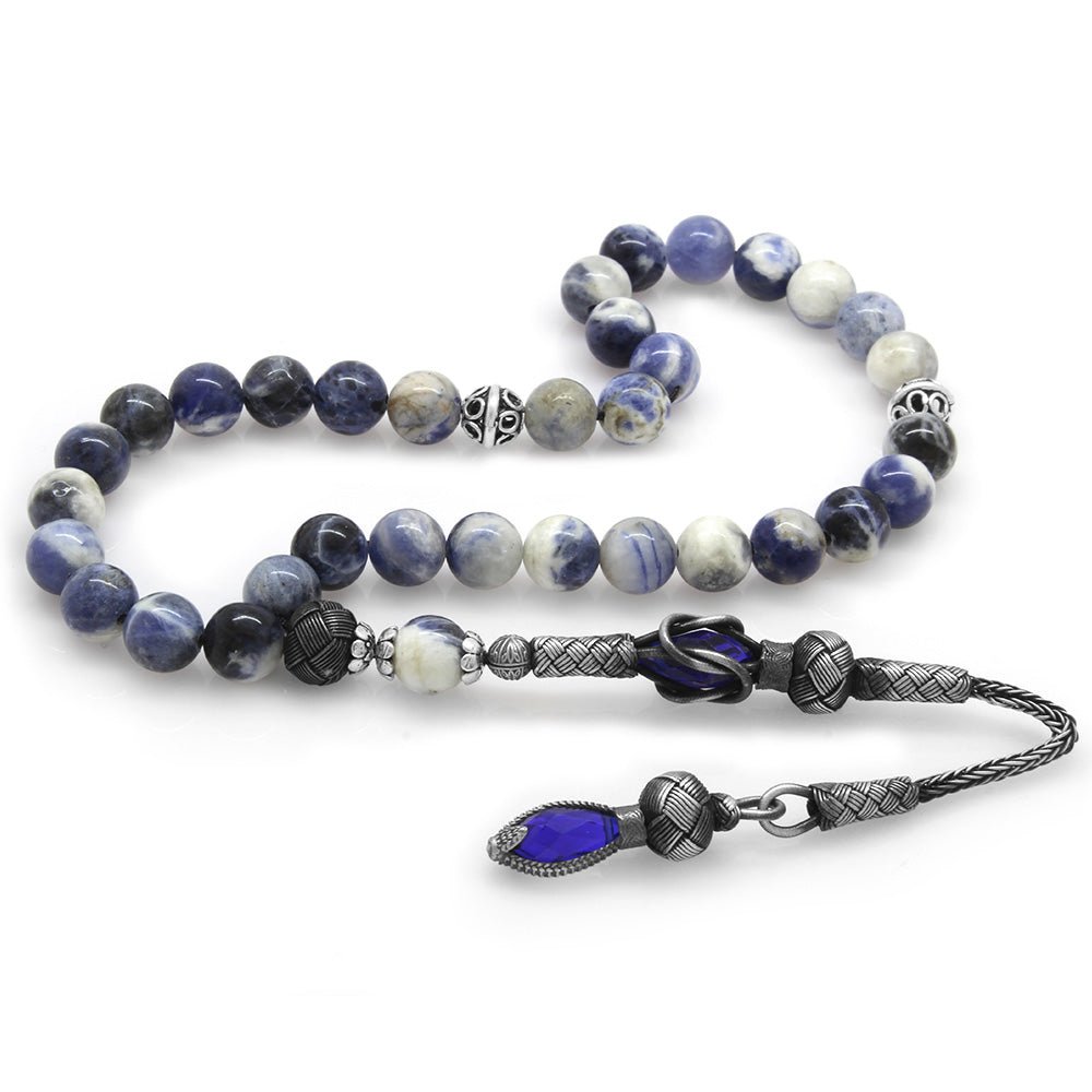 1000 Sterling Silver Kazaz Tasseled Sphere Cut Sodalite Natural Stone Prayer Beads - EFENDINA PAZAR - Tesbihane - 101003550
