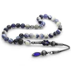 1000 Sterling Silver Kazaz Tasseled Sphere Cut Sodalite Natural Stone Prayer Beads - EFENDINA PAZAR - Tesbihane - 101003550