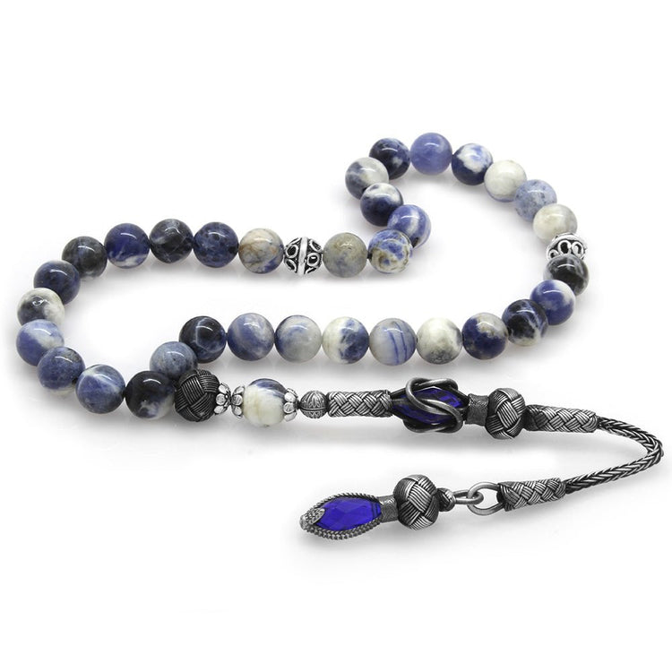 1000 Sterling Silver Kazaz Tasseled Sphere Cut Sodalite Natural Stone Prayer Beads - EFENDINA PAZAR - Tesbihane - 101003550