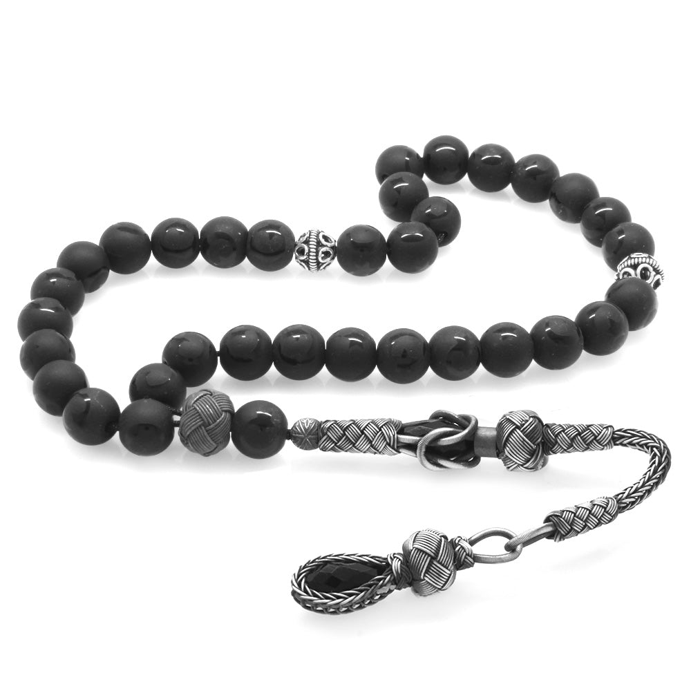 1000 Sterling Silver Kazaz Tasseled Sphere Cut Star and Crescent Patterned Onyx Natural Stone Prayer Beads - EFENDINA PAZAR - Tesbihane - 101004119