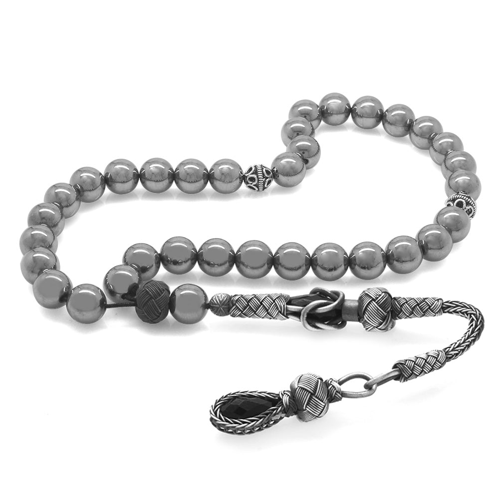 1000 Sterling Silver Kazaz Tasseled Sphere Cut Terahertz Natural Stone Prayer Beads - EFENDINA PAZAR - Tesbihane - 101004136