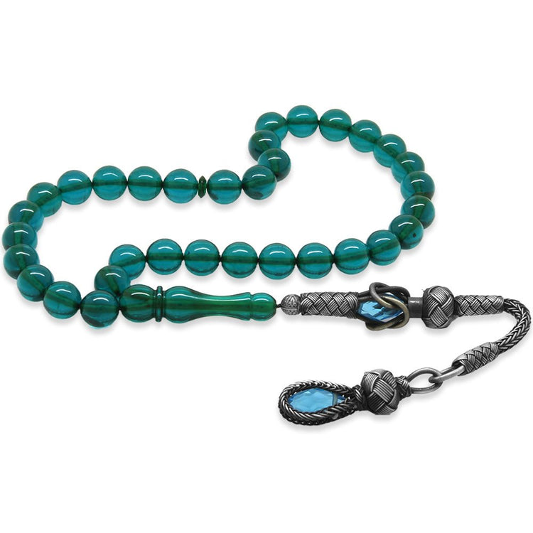 1000 Sterling Silver Kazaz Tasseled Sphere Cut Turquoise Fire Amber Rosary - EFENDINA PAZAR - Tesbihane - 101004901