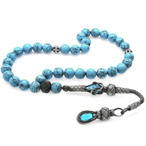 1000 Sterling Silver Kazaz Tasseled Sphere Cut Turquoise Natural Stone Prayer Beads - EFENDINA PAZAR - Tesbihane - 101004133