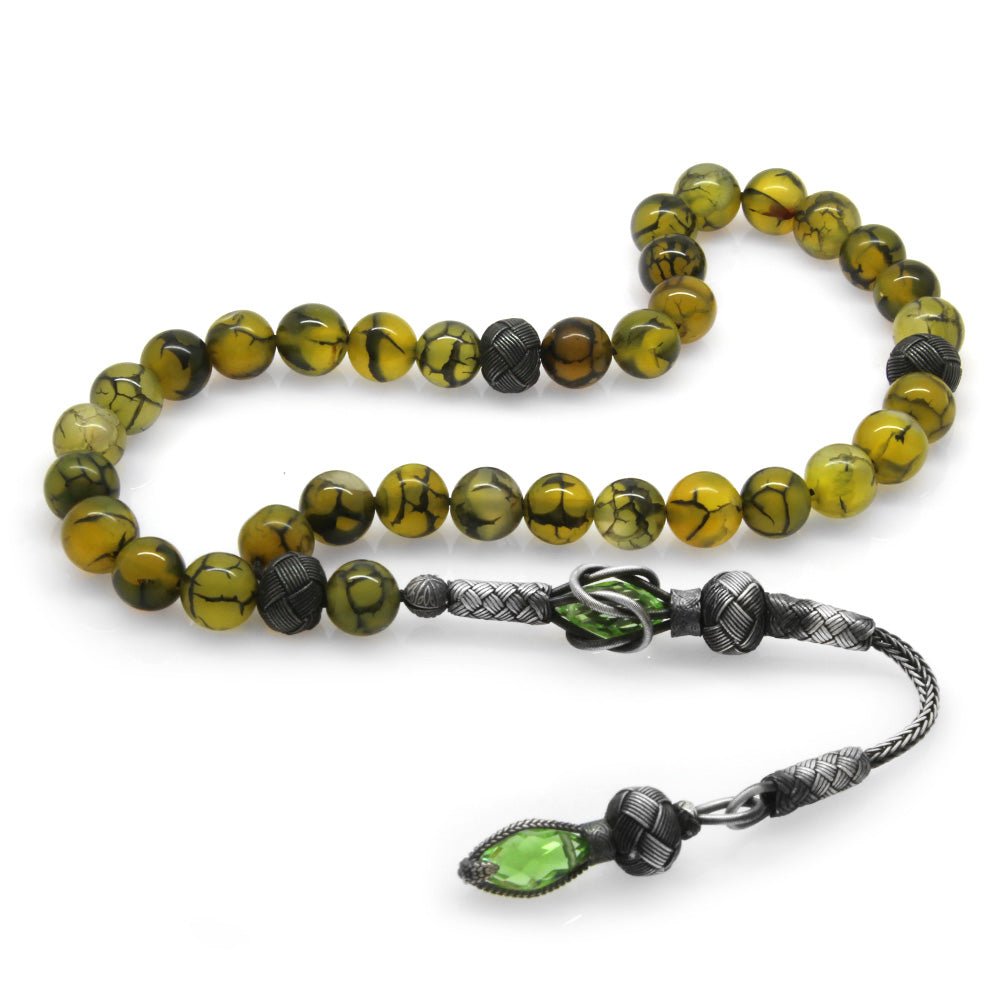 1000 Sterling Silver Kazaz Tasseled Sphere Cut Veined Agate Natural Stone Prayer Beads - EFENDINA PAZAR - Tesbihane - 101002906