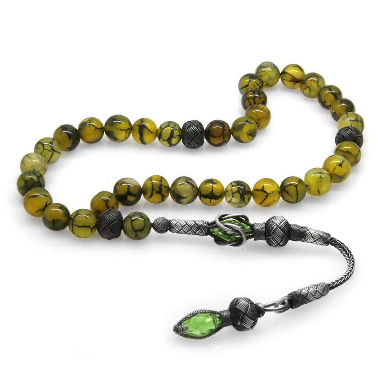 1000 Sterling Silver Kazaz Tasseled Sphere Cut Veined Agate Natural Stone Prayer Beads - EFENDINA PAZAR - Tesbihane - 101002906