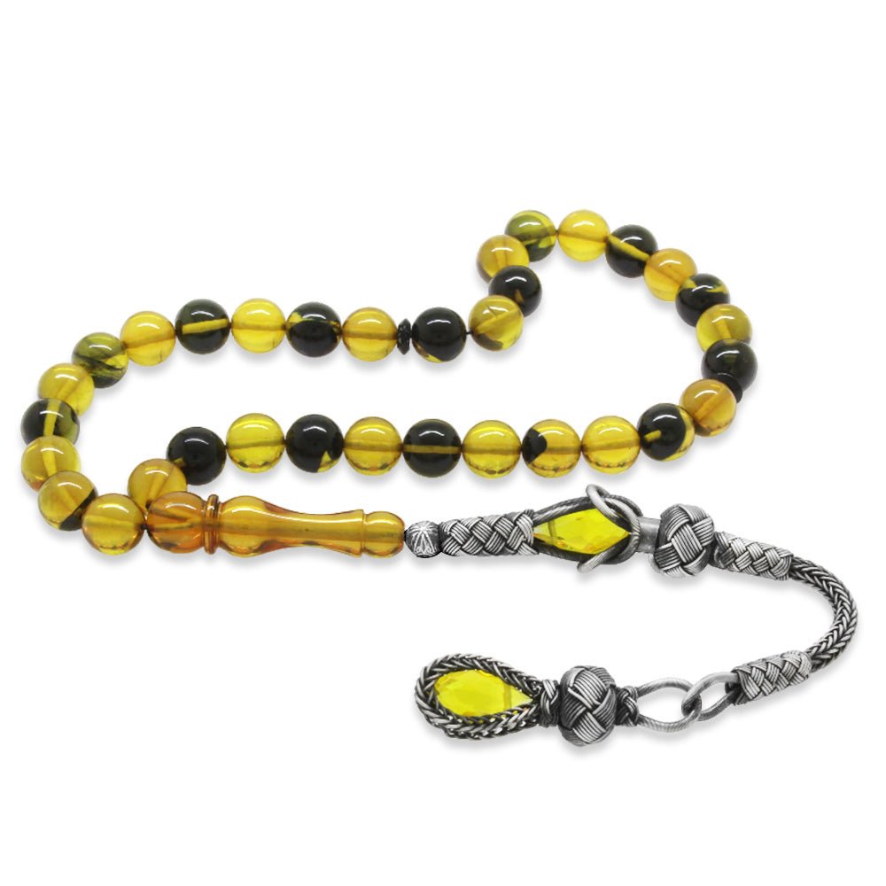 1000 Sterling Silver Kazaz Tasseled Sphere Cut Yellow - Black Fire Amber Rosary - EFENDINA PAZAR - Tesbihane - 101004806