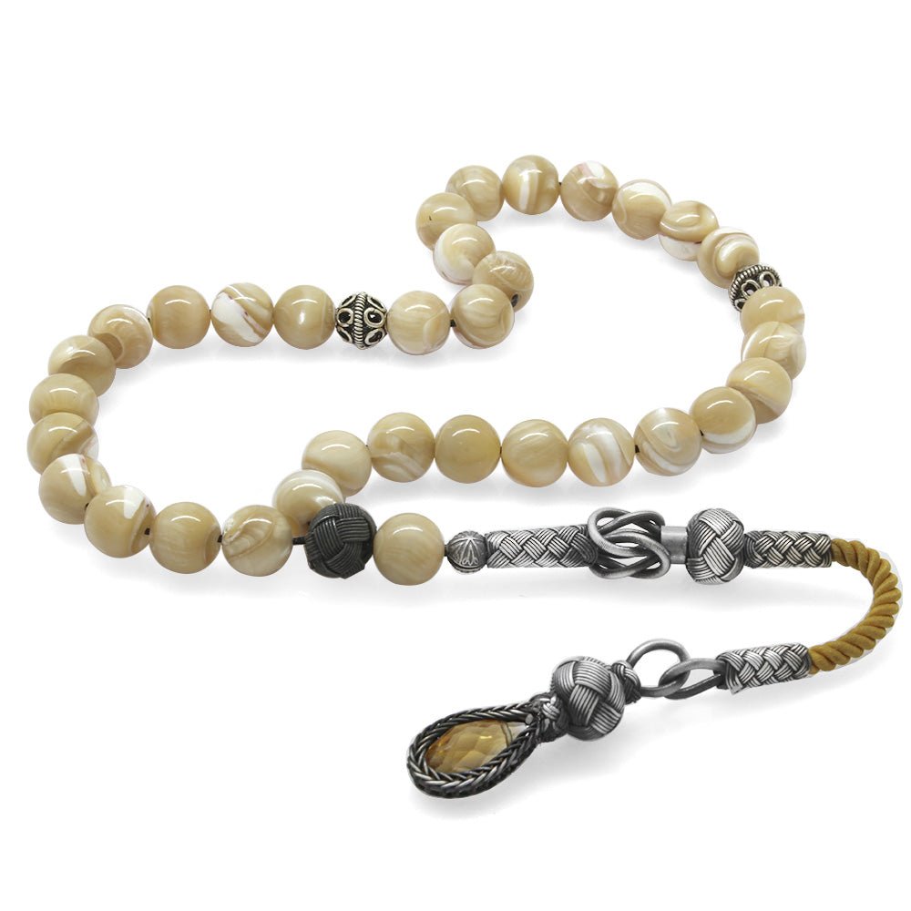 1000 Sterling Silver Kazaz Tasseled Sphere Cut Yellow Mother of Pearl Natural Stone Prayer Beads - EFENDINA PAZAR - Tesbihane - 101004129