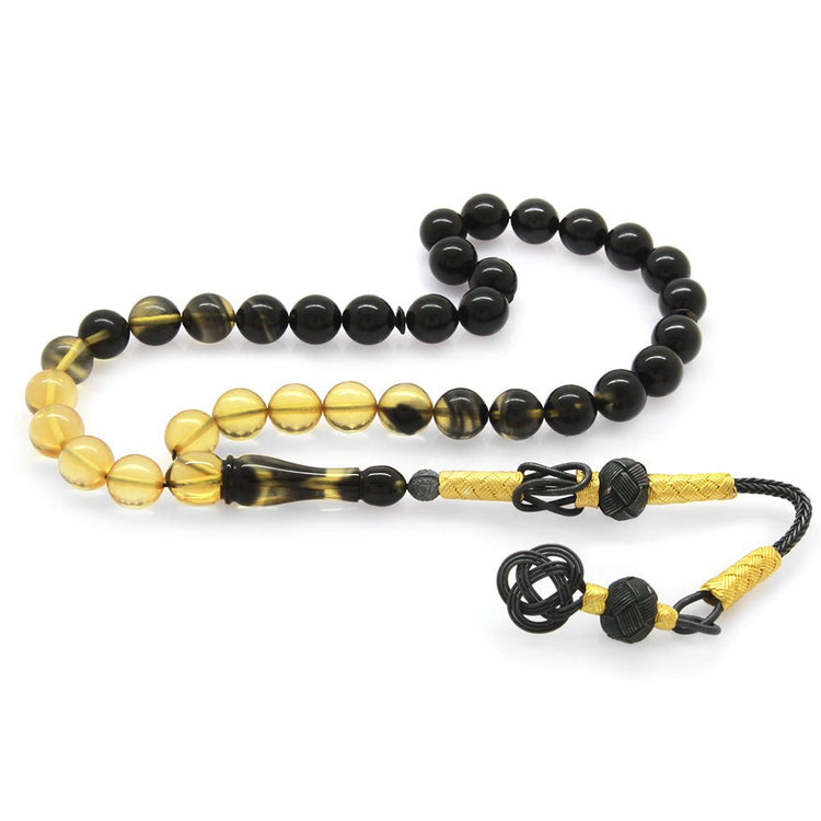 1000 Sterling Silver Sphere Cut Filtered Black - White Fire Amber Rosary with Kazaz Tassels - EFENDINA PAZAR - Tesbihane - 101001890